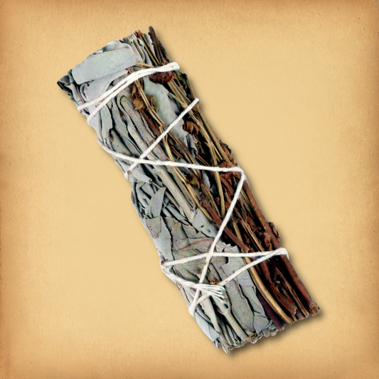 Sage and Basil Herb Bundle, tied with string, featuring tightly packed dried sage and basil ready for smoke cleansing rituals