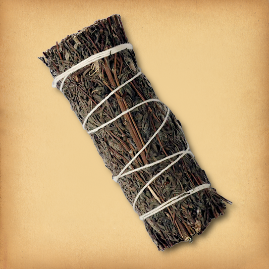 Mugwort Herb Bundle, tied with string, featuring tightly packed dried mugwort ready for smoke cleansing rituals.