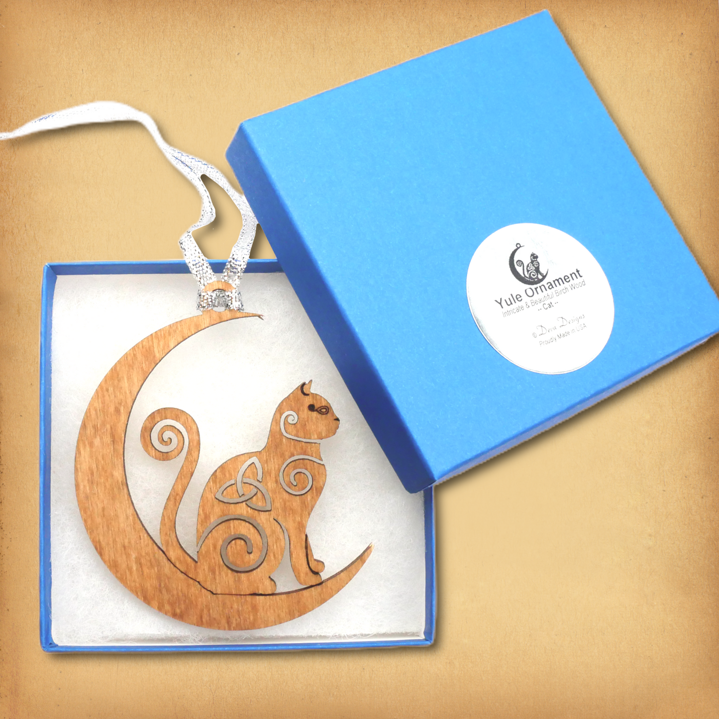 Celtic Moon Cat Wooden Yule Ornament