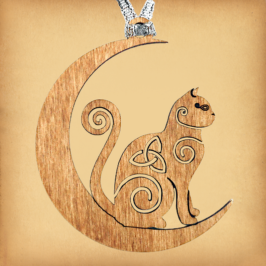 Celtic Moon Cat Wooden Yule Ornament