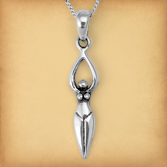 Sterling Silver Goddess Pendant featuring a stylized female form with outstretched arms, symbolizing sacred feminine energy.