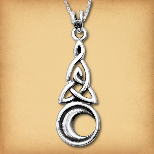 Sterling Silver Celtic Moon Pendant showcasing a crescent moon and Celtic knot, perfect for pagan and Wiccan jewelry lovers.