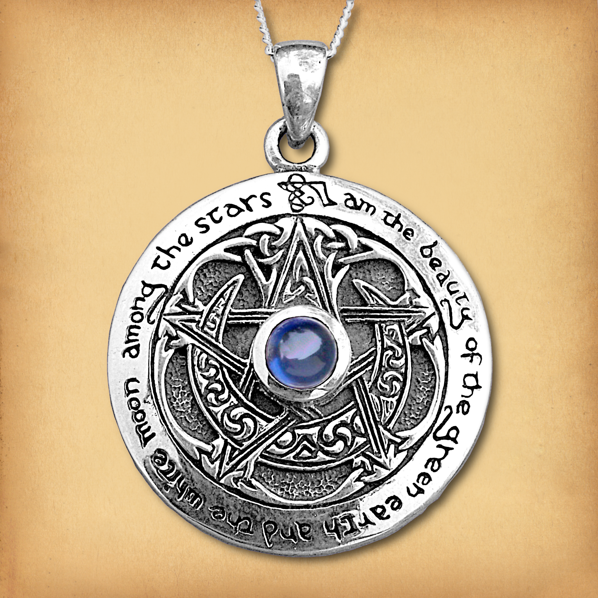 Sterling Silver Sapphire Moon Pentacle Pendant – Pagan Jewelry Sterling Silver Sapphire Moon Pentacle Pendant – Pagan Jewelry