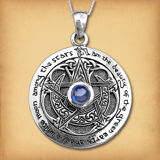 Sterling Silver Moon Pentacle Pendant featuring a blue sapphire, a Celtic pentacle, and words from the Charge of the Goddess.