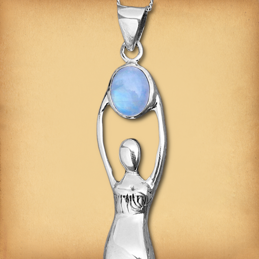 Close-up of the rainbow moonstone gem in the Sterling Silver Eternal Goddess Pendant, radiating soft colors and subtle energy