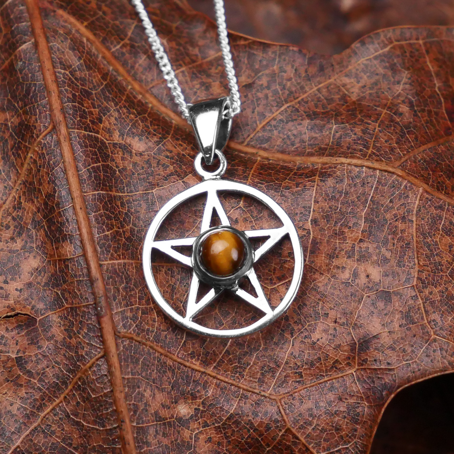 Silver Pentacle Pendant w/ Tiger Eye displayed against a rustic leaf backdrop, highlighting the earthy tones of the gemstone.