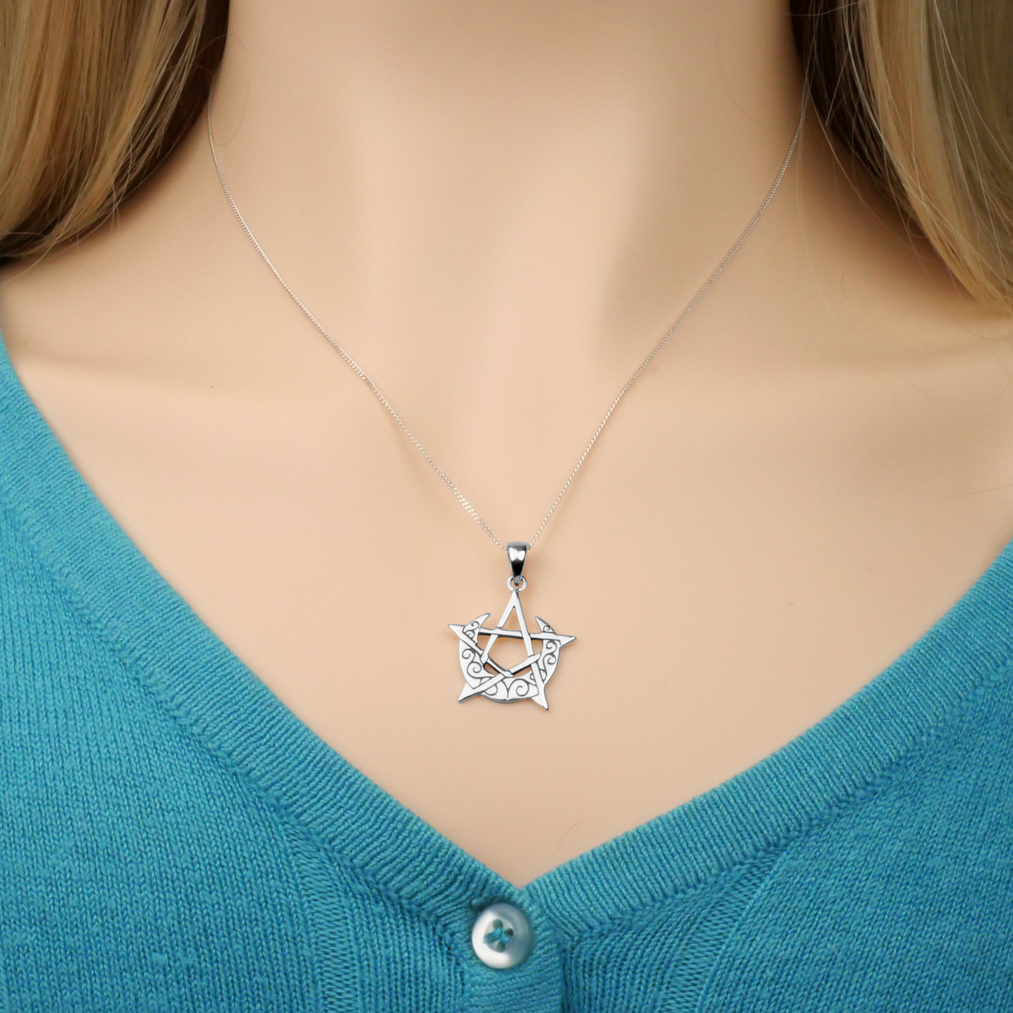 Silver Crescent Moon Pentacle Pendant