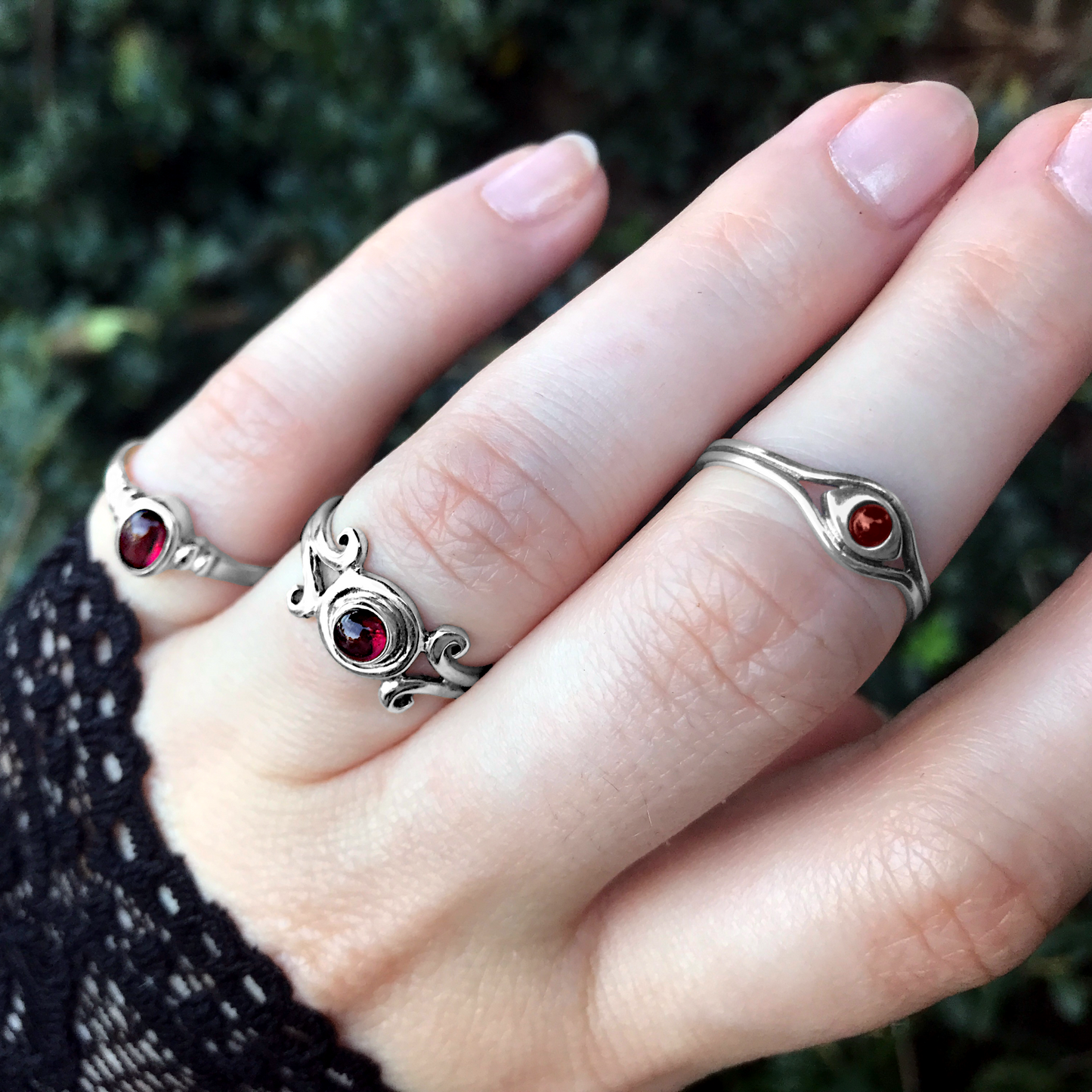 Silver Garnet Scroll Ring