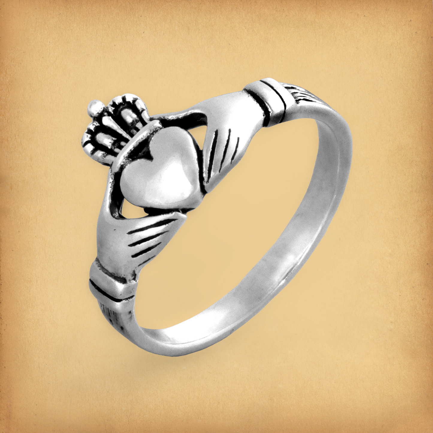 Sterling silver Claddagh ring displaying two hands clasping a crowned heart, with a plain band at the back.