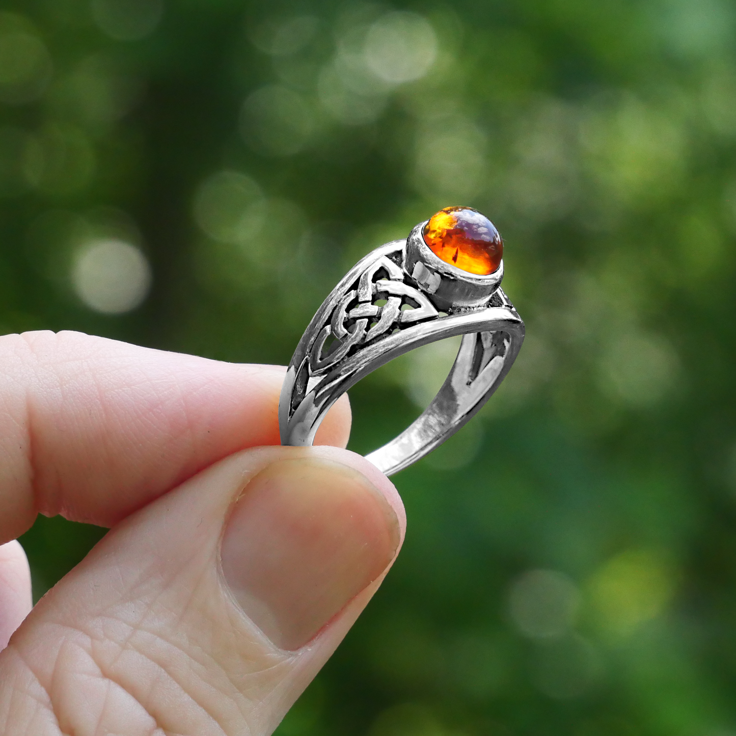 Silver Celtic Amber Ring