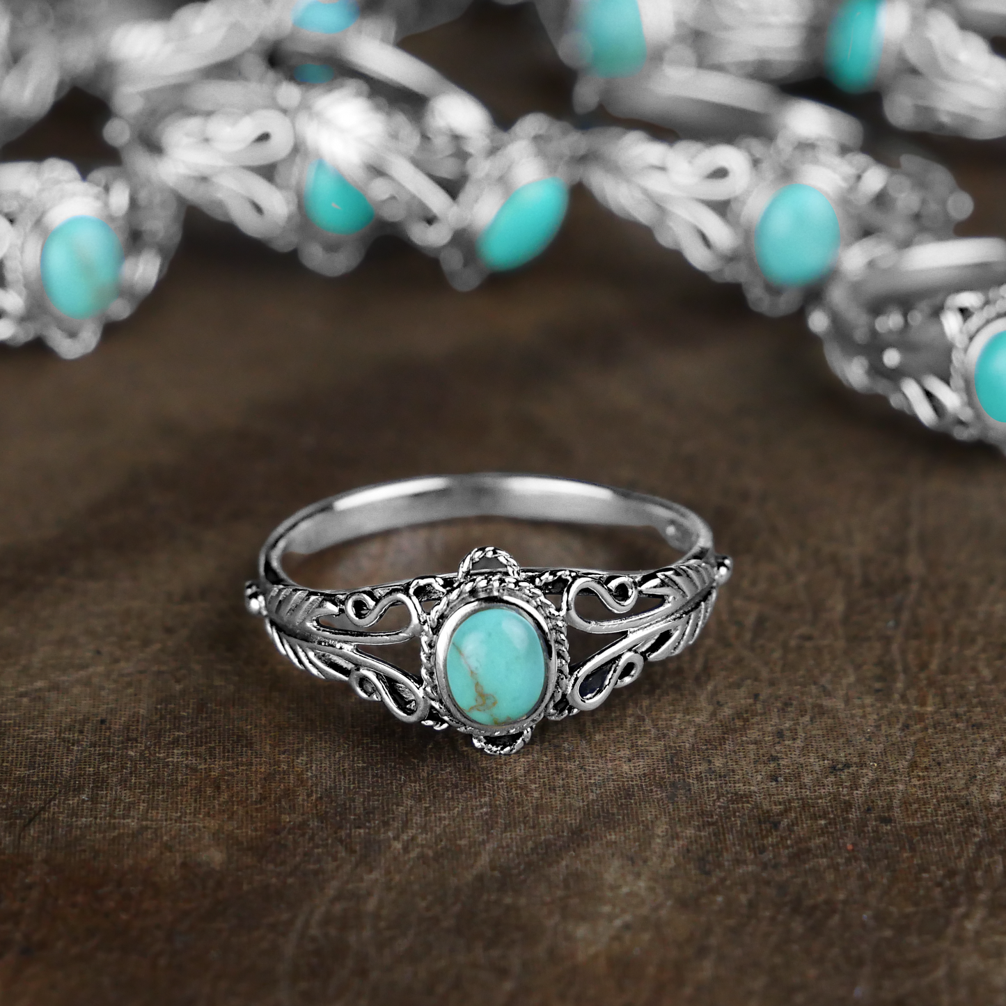 Silver Twin Feathers Turquoise Ring
