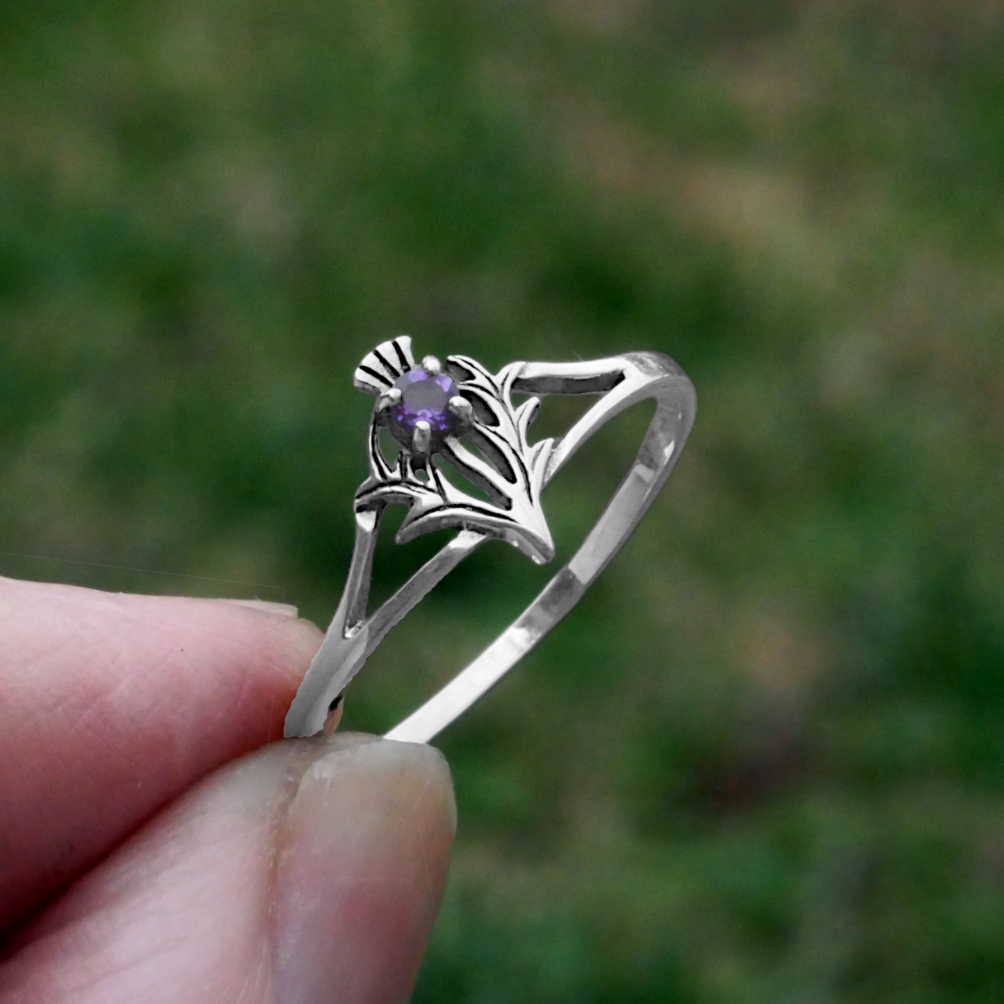 Silver Amethyst Thistle Ring