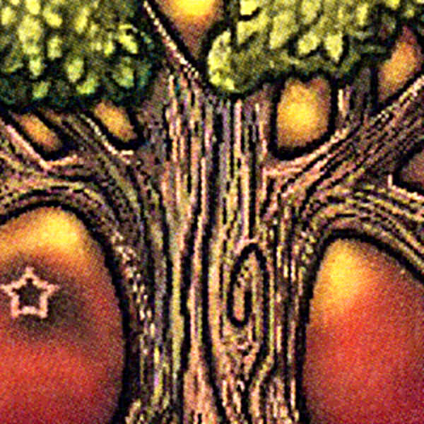 Close-up of the Tree of Life cross stitch design, highlighting the textured bark, green leaves, and warm glowing background.