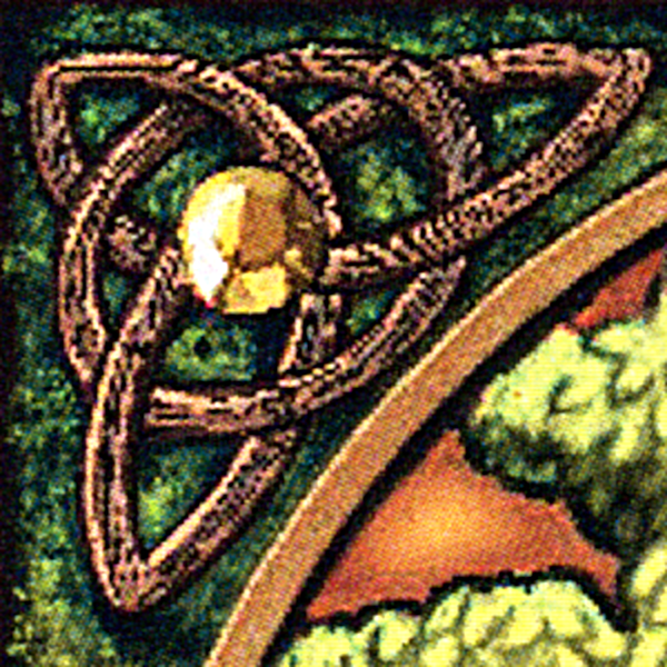 Close-up of the Tree of Life cross stitch design, highlighting a corner with Celtic knotwork on a mossy green background.