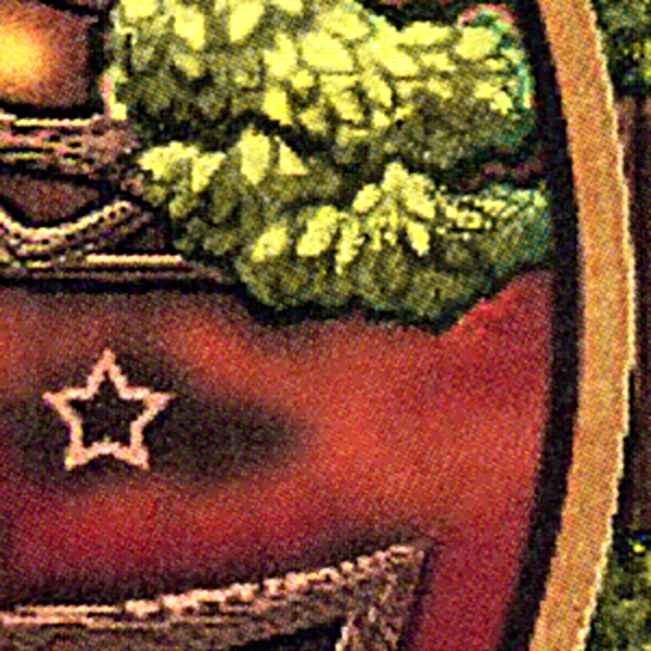 Close-up of the Tree of Life cross stitch design, highlighting leafy branches and a rich sunset-toned background.