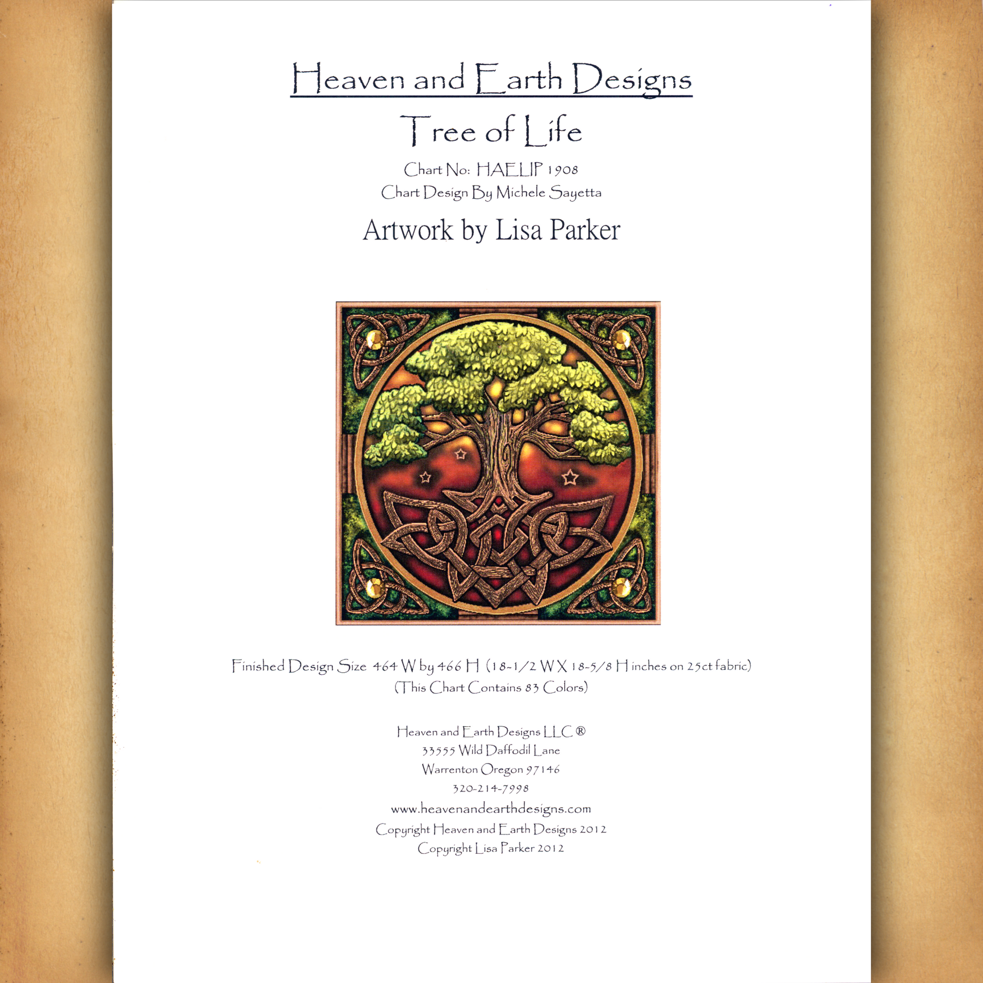Cover of the printed Tree of Life cross stitch pattern, displaying a color image of the completed Celtic-inspired design.
