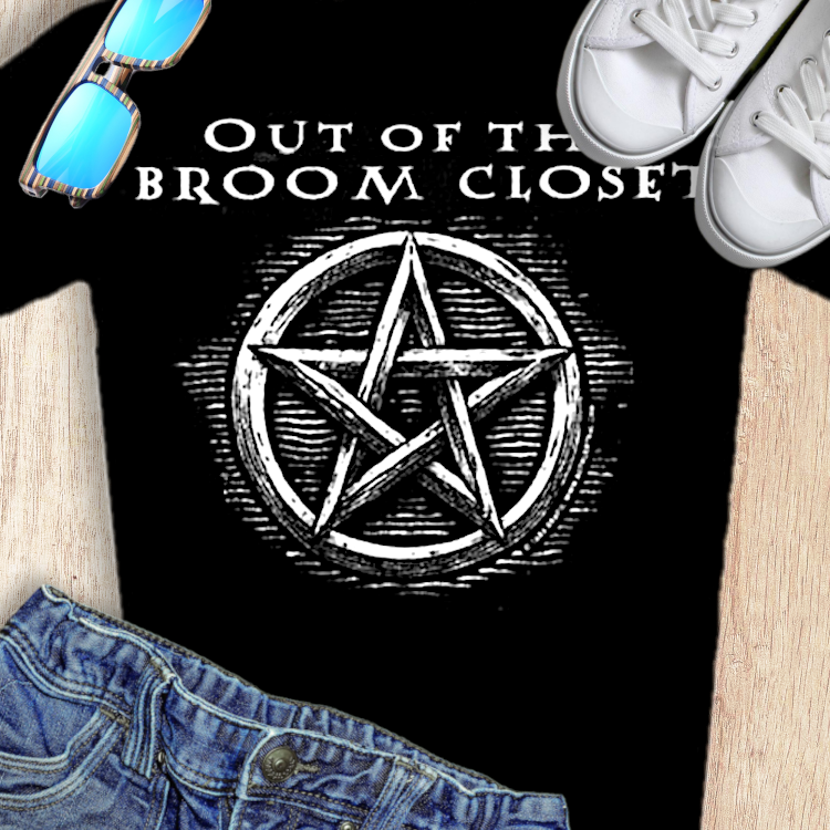 Black T-shirt with "Out of the Broom Closet" text and a white pentacle design, styled with sunglasses, sneakers, and shorts.