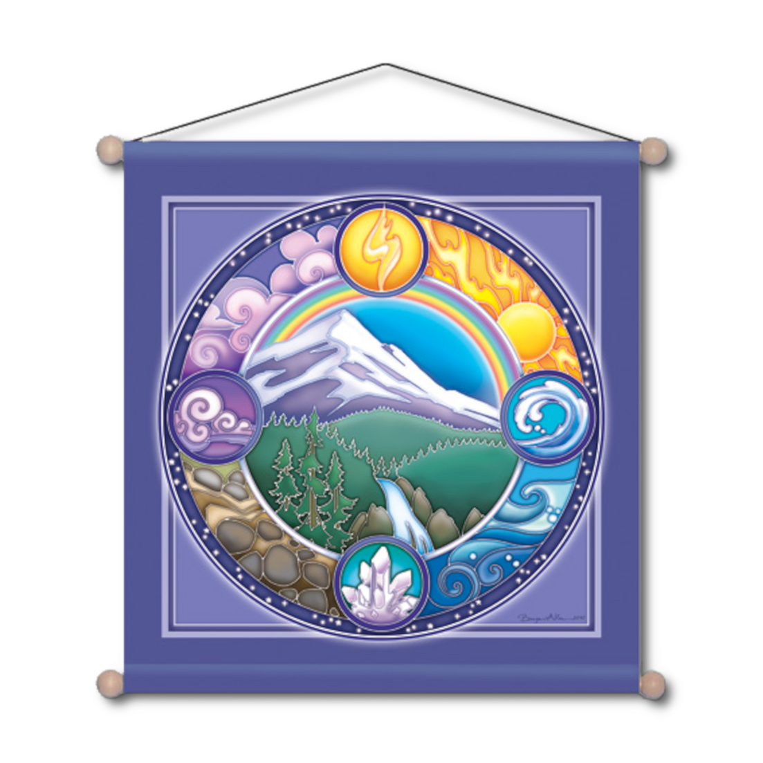 Square purple banner, showing a rainbow over a mountain landscape, encircled by colorful symbols of the four elements.