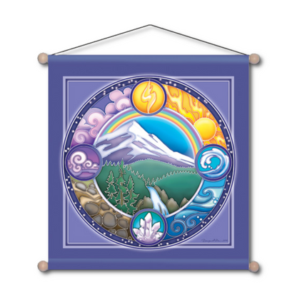 Square purple banner, showing a rainbow over a mountain landscape, encircled by colorful symbols of the four elements.