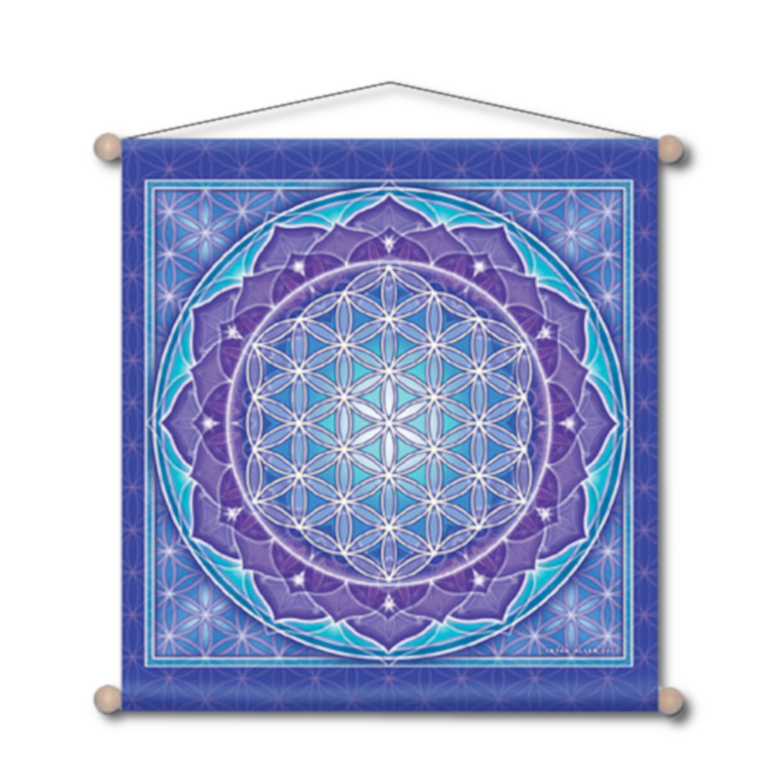 Square banner in purples and blues, showcasing a geometric "flower of life" pattern surrounded by lotus blossom petals.