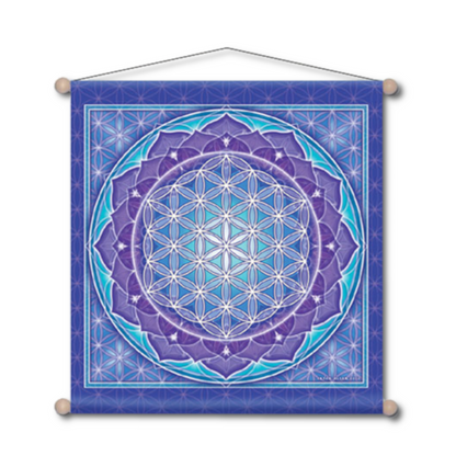 Square banner in purples and blues, showcasing a geometric "flower of life" pattern surrounded by lotus blossom petals.