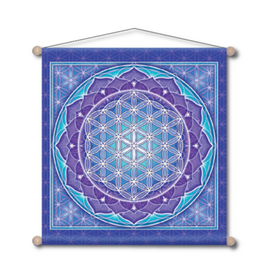 Square banner in purples and blues, showcasing a geometric "flower of life" pattern surrounded by lotus blossom petals.