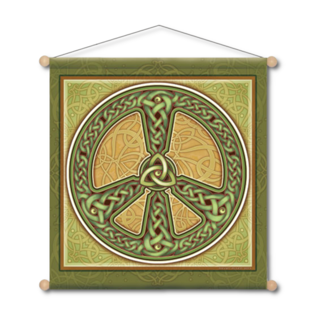 Square banner in mossy greens and golds, featuring a large peace sign decorated with an abundance of Celtic knots.