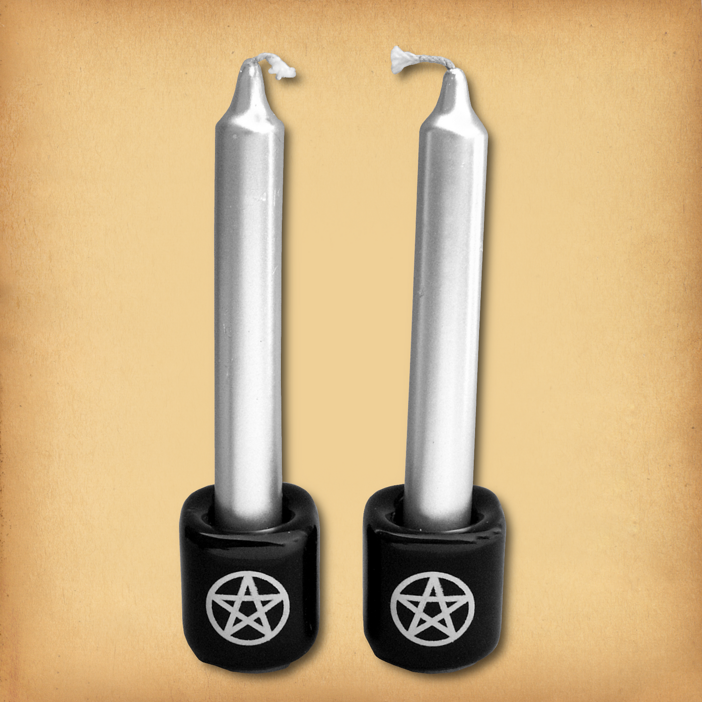 Pair of Plain Black with Silver Pentacles Mini Candle Holders