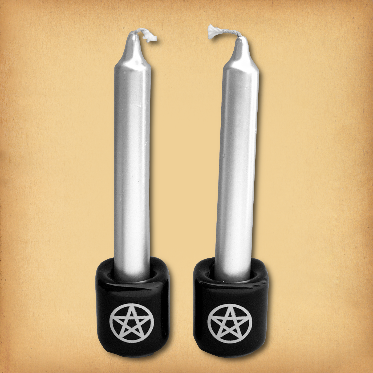 Pair of Plain Black with Silver Pentacles Mini Candle Holders