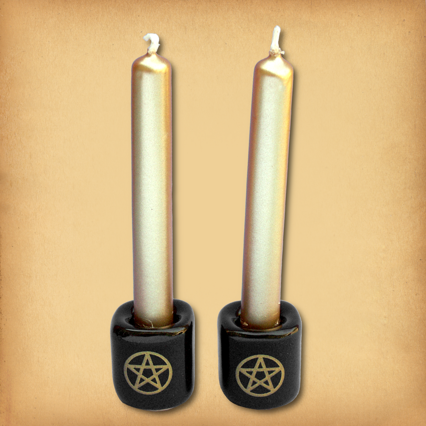 Pair of Plain Black with Gold Pentacles Mini Candle Holders