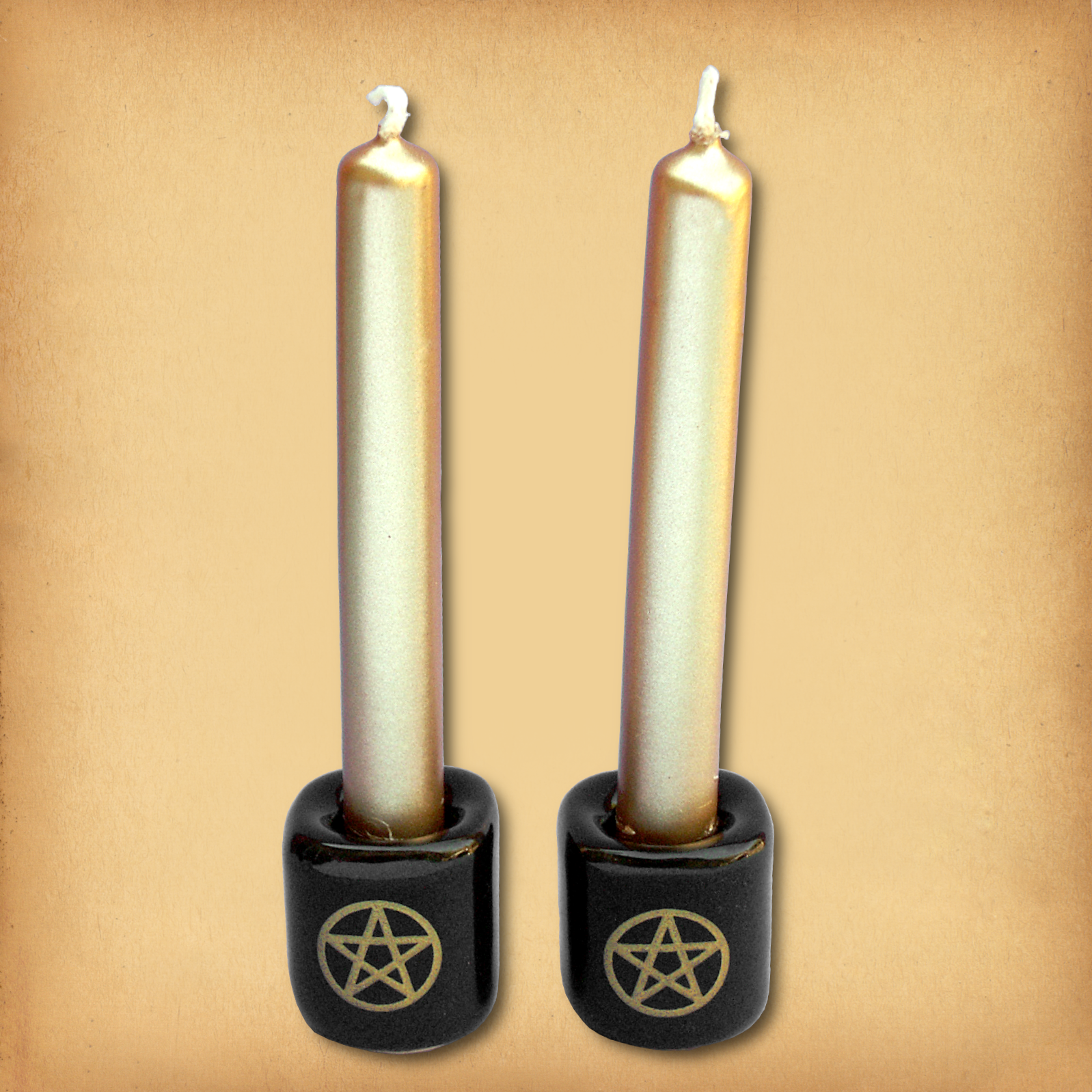 Pair of Plain Black with Gold Pentacles Mini Candle Holders