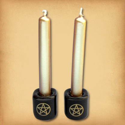 Pair of Plain Black with Gold Pentacles Mini Candle Holders