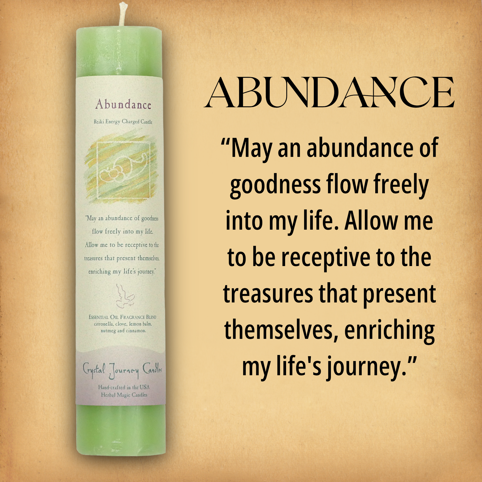 Green Abundance Pillar Candle with affirmation: “May an abundance of goodness flow freely into my life…” Reiki energy charged