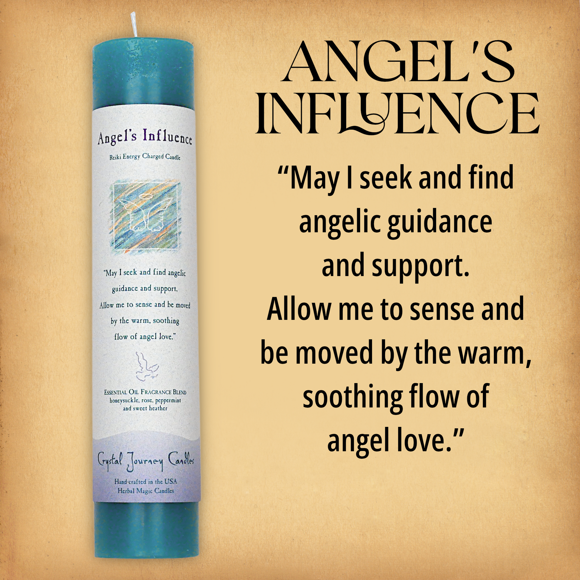 Turquoise Angel’s Influence Pillar Candle with affirmation: “May I seek and find angelic guidance and.…” Reiki energy charged