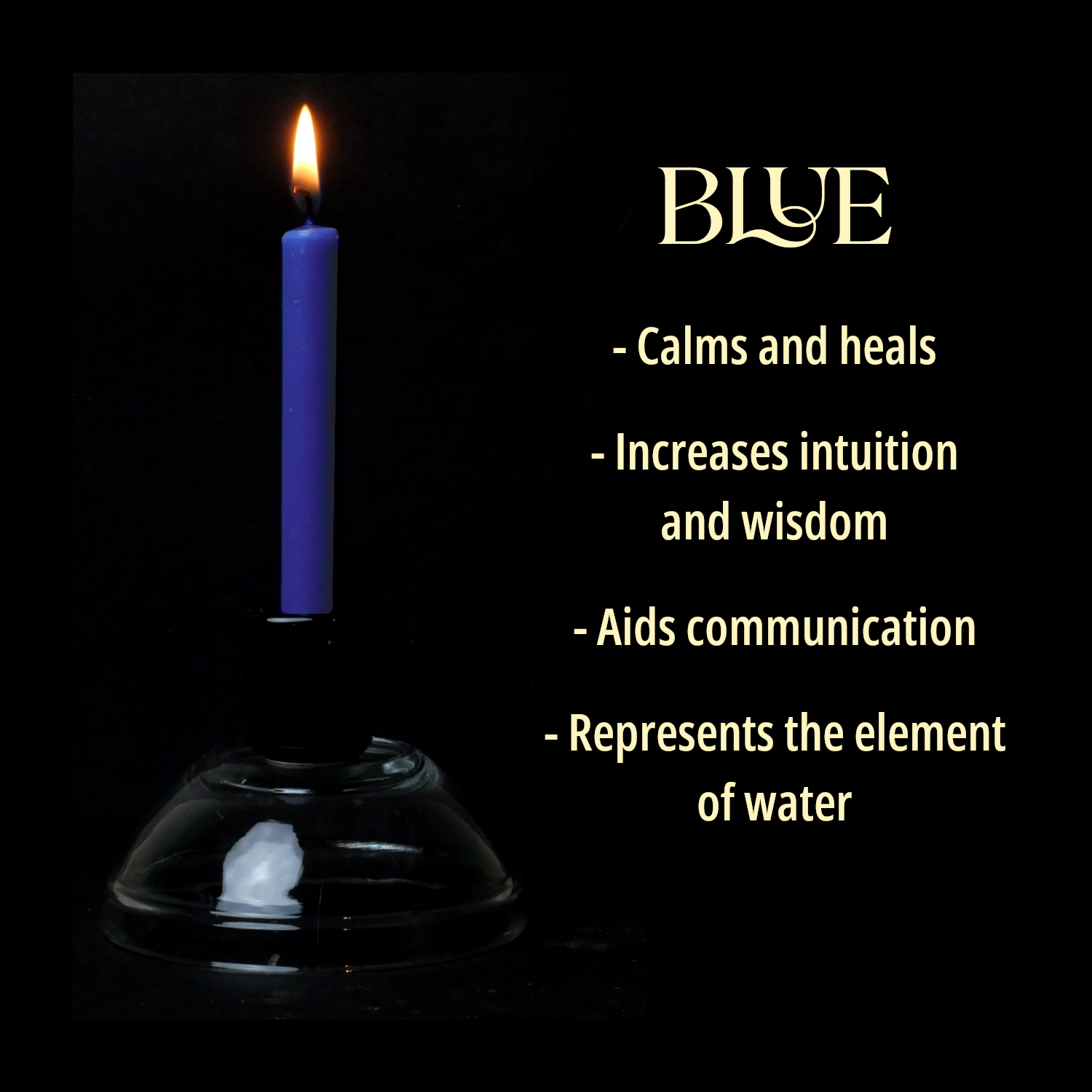 A single royal Blue Chime Candle, lit, with a dark background, and a column of text listing its magical properties.