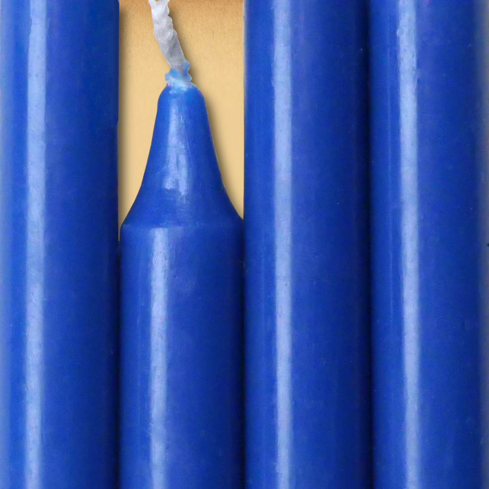 Closeup of a quartet of royal Blue Chime Candles arranged side-by-side so they form an almost solid block of color.