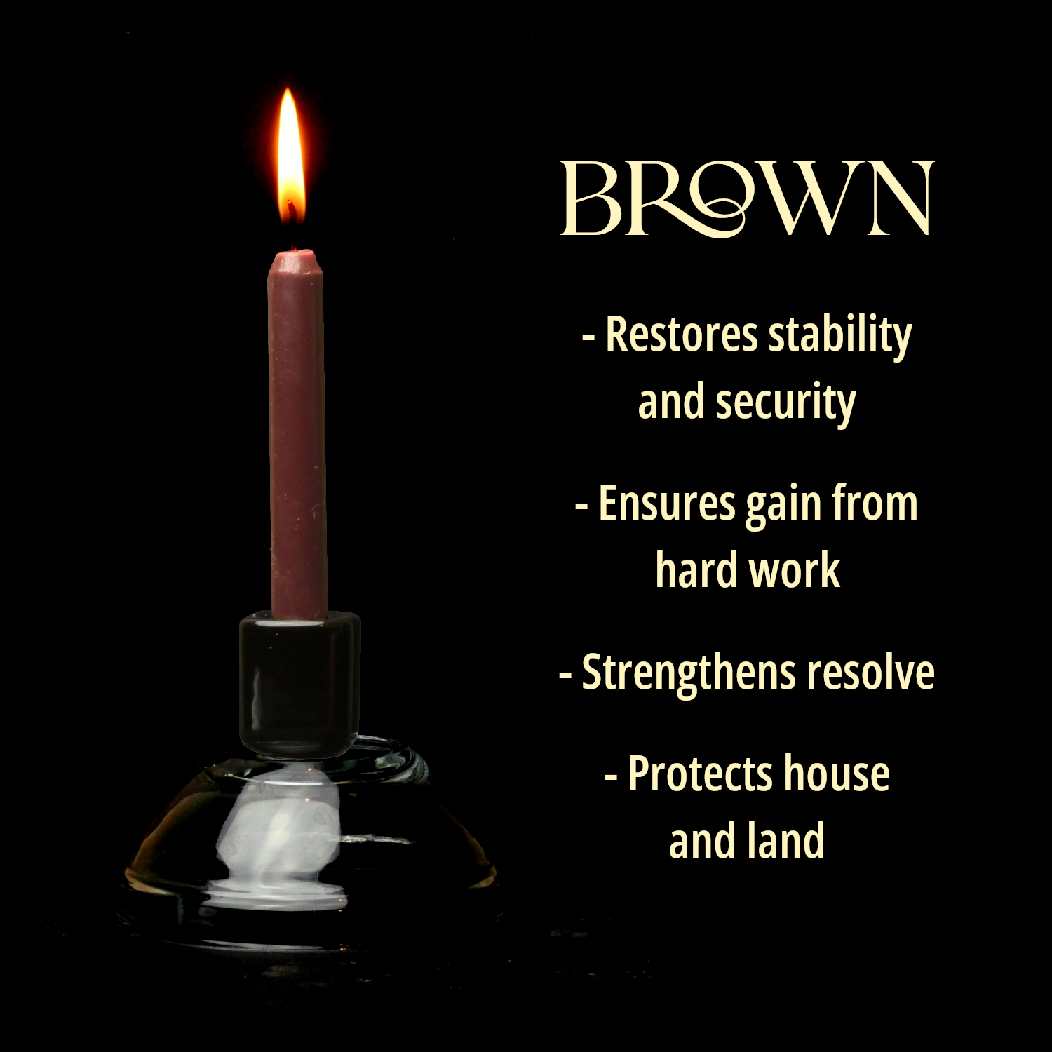 A single Brown Chime Candle, lit, with a dark background, and a column of text listing its magical properties.