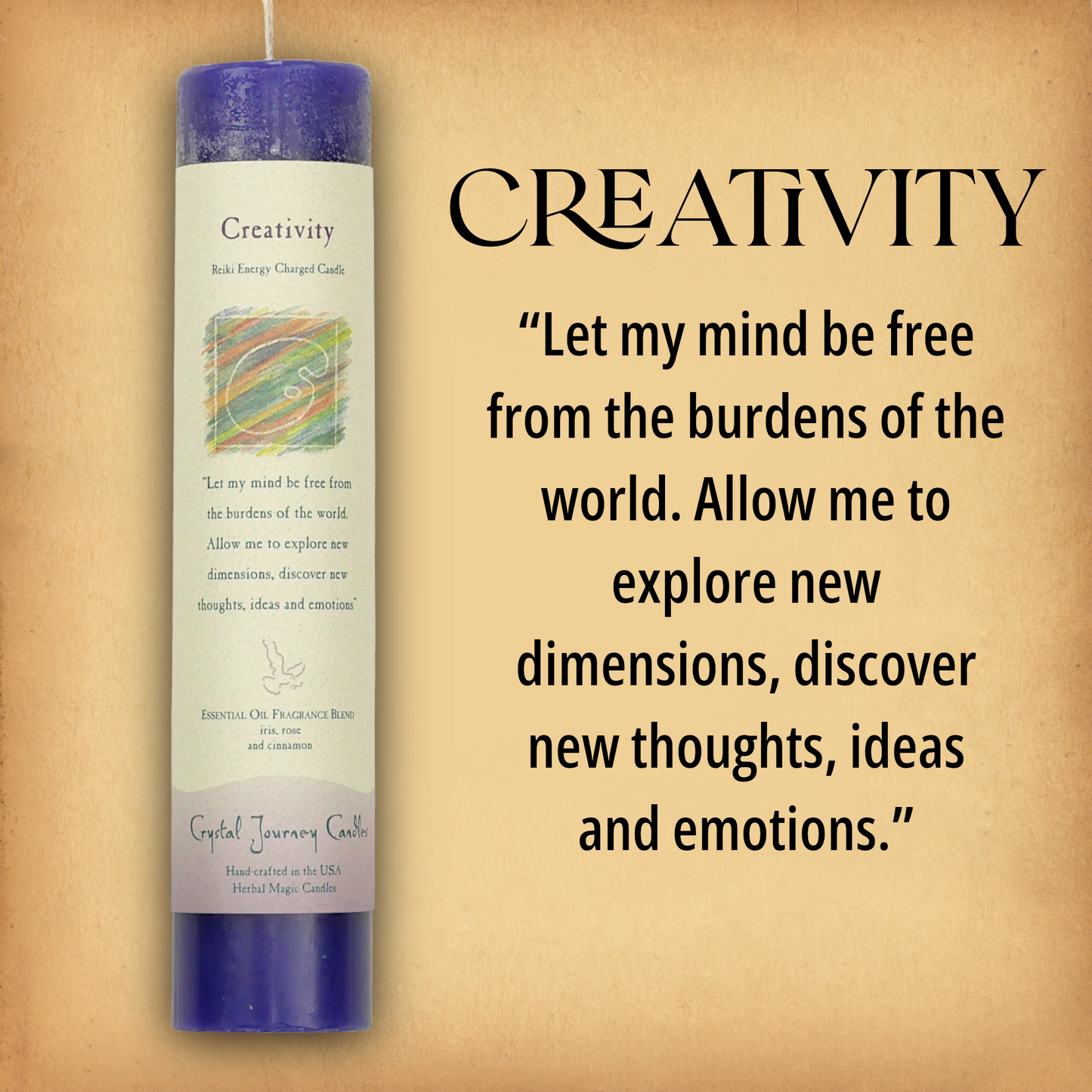 Blue Creativity Pillar Candle with affirmation: “Let my mind be free from the burdens of the world…” Reiki energy charged.