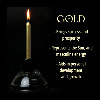 A single Metallic Gold Chime Candle, lit, with a dark background, and a column of text listing its magical properties.