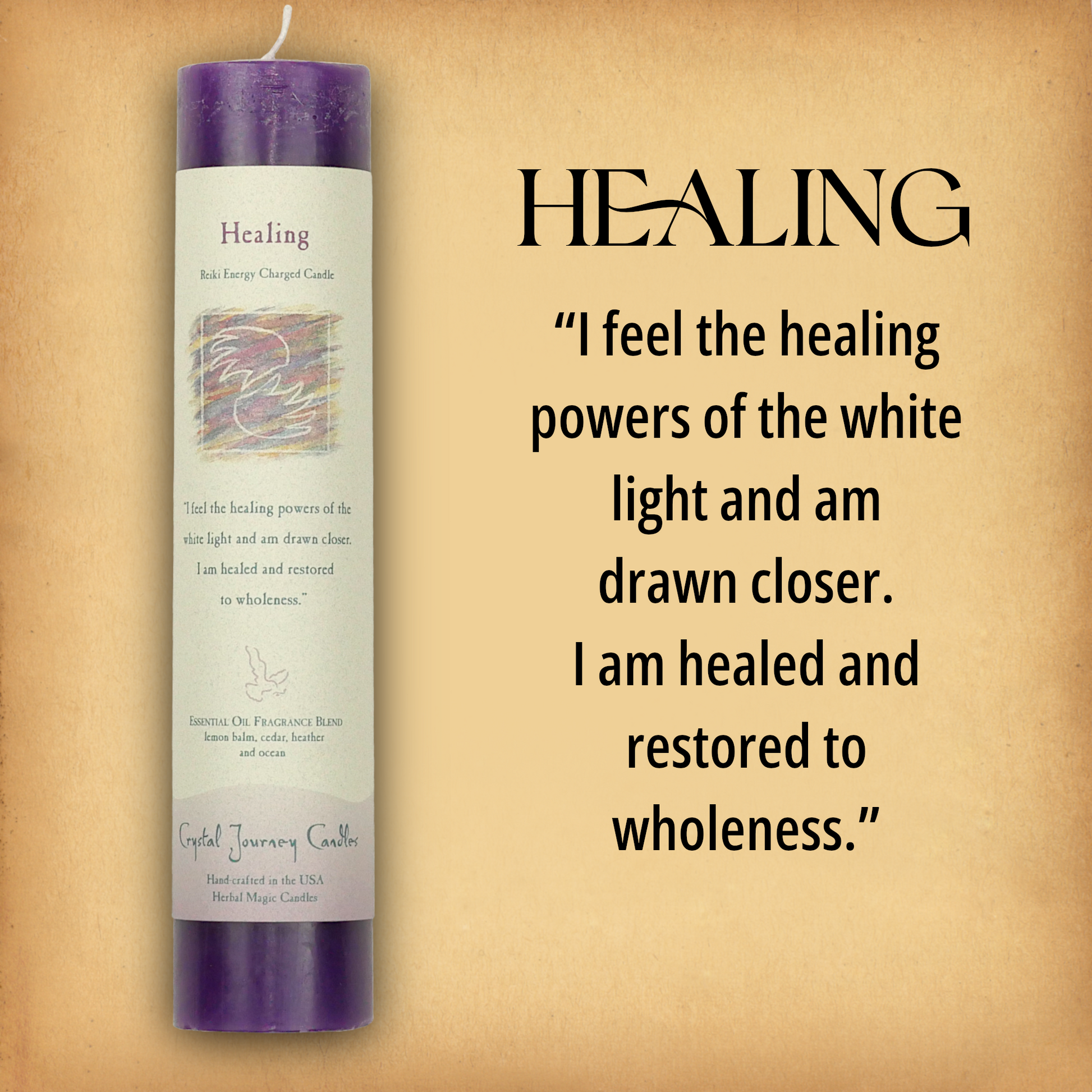 Purple Healing Pillar Candle with affirmation: “I feel the healing powers of the white light and am…” Reiki energy charged.