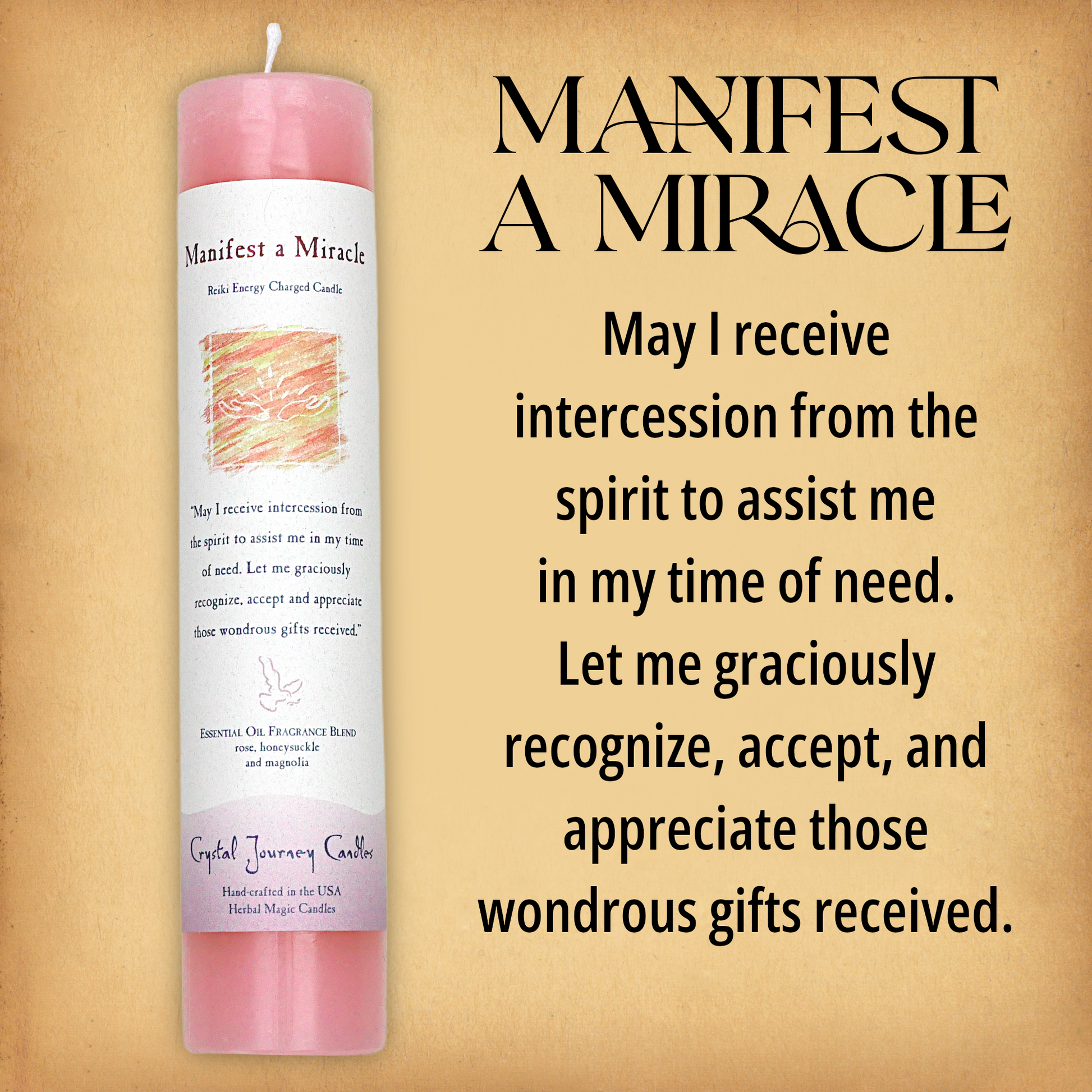 Pink Manifest a Miracle Pillar Candle with affirmation: “May I receive intercession from the spirit to…” Reiki energy charged