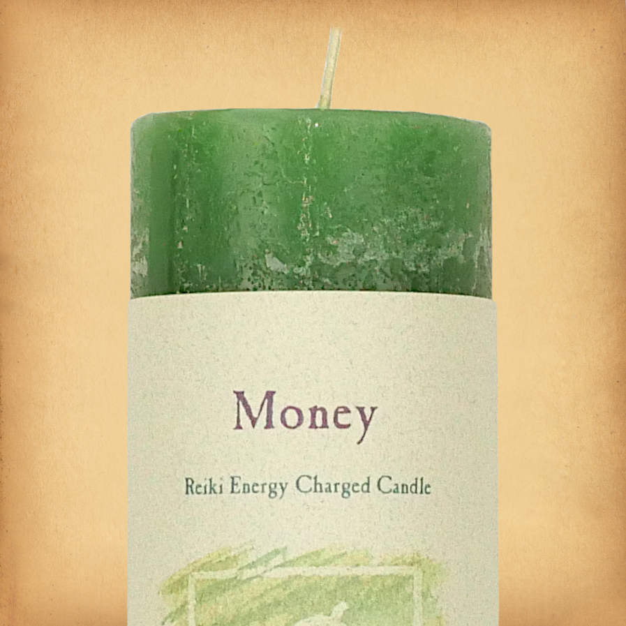 Green pillar candle labeled “Money” with “Reiki Energy Charged Candle” beneath. Slim pillar candle with a single wick.