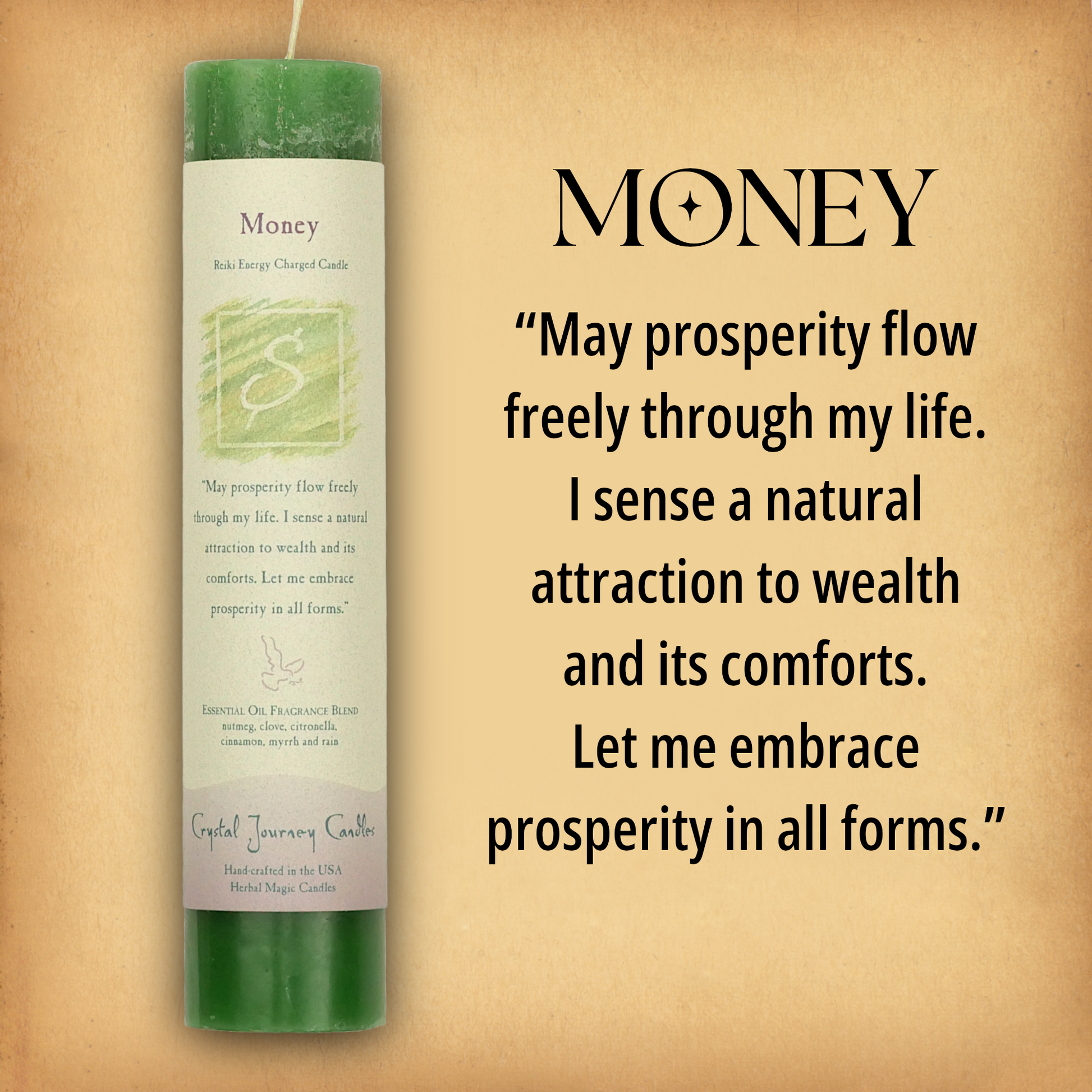 Green Money Pillar Candle with affirmation: “May prosperity flow freely through my life. I sense a….” Reiki energy charged.