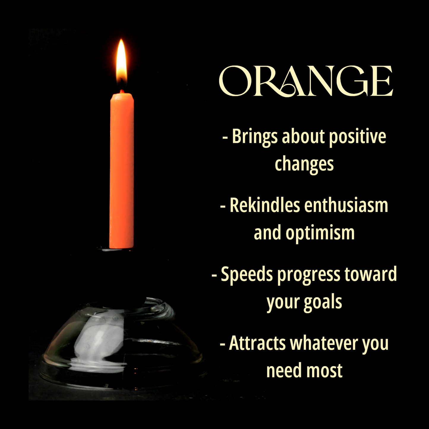 A single Orange Chime Candle, lit, with a dark background, and a column of text listing its magical properties.