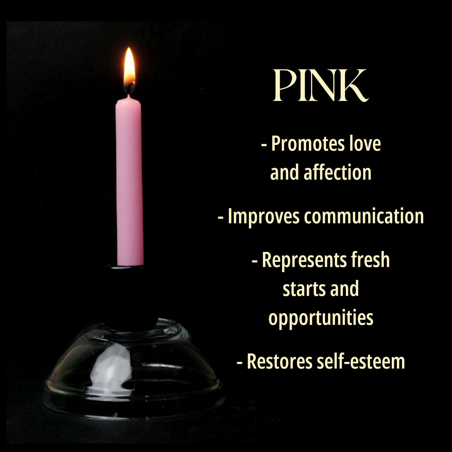 A single Pink Chime Candle, lit, with a dark background, and a column of text listing its magical properties.
