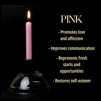 A single Pink Chime Candle, lit, with a dark background, and a column of text listing its magical properties.