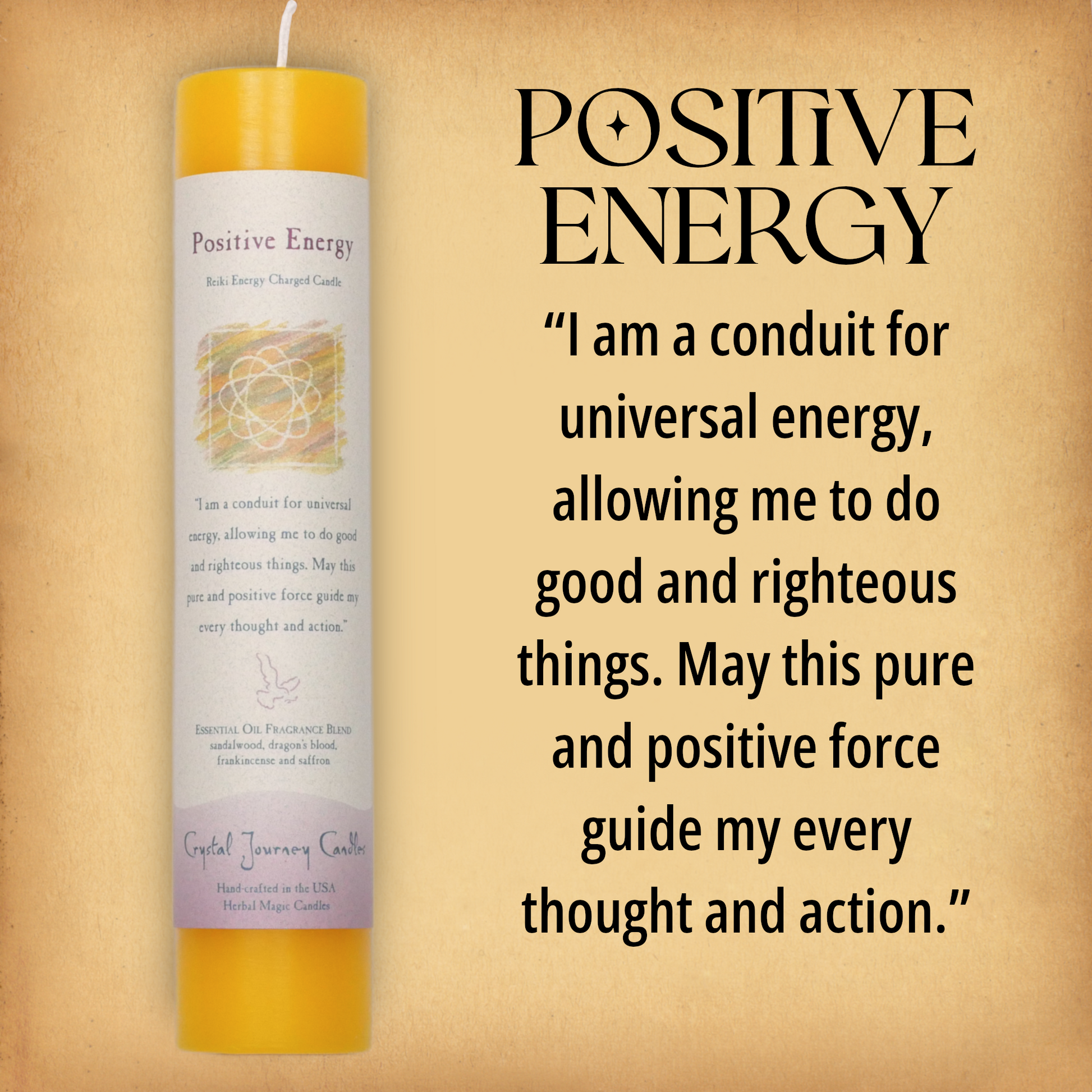 Yellow Positive Energy Pillar Candle with affirmation: “I am a conduit for universal energy, allowing…” Reiki energy charged.