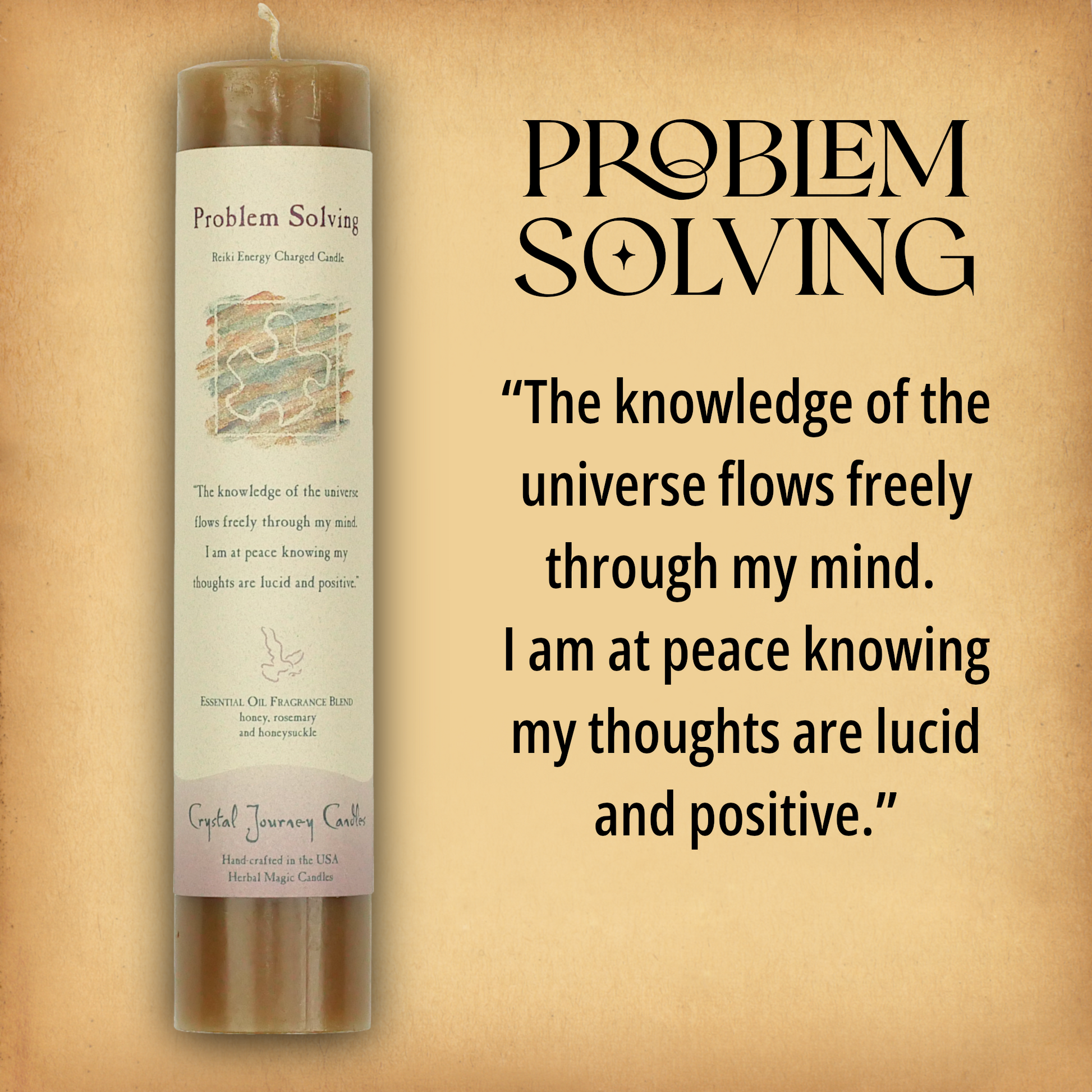 Brown Problem Solving Pillar Candle with affirmation: “The knowledge of the universe flows freely.…” Reiki energy charged.