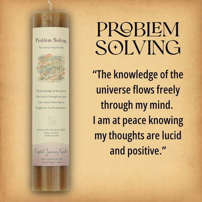 Brown Problem Solving Pillar Candle with affirmation: “The knowledge of the universe flows freely.…” Reiki energy charged.
