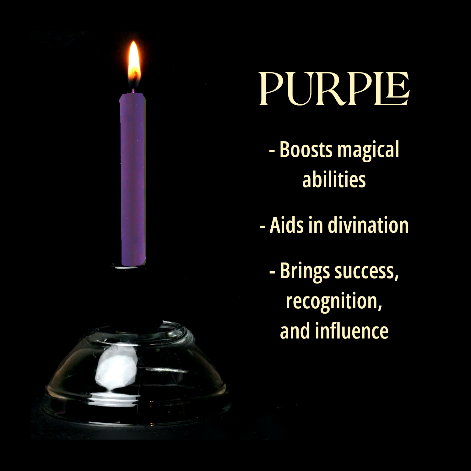 A single Purple Chime Candle, lit, with a dark background, and a column of text listing its magical properties.